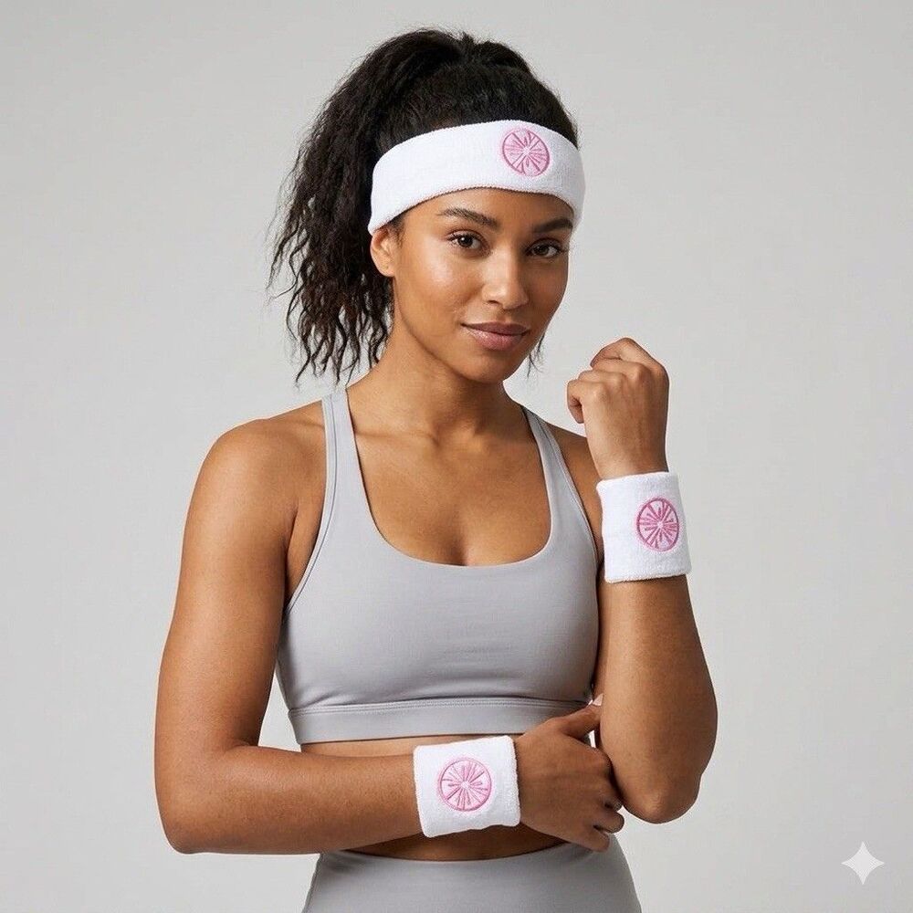 Lilly Pulitzer NWT 3pc White Sweatband Set Pink Citrus Wheel Embroidery